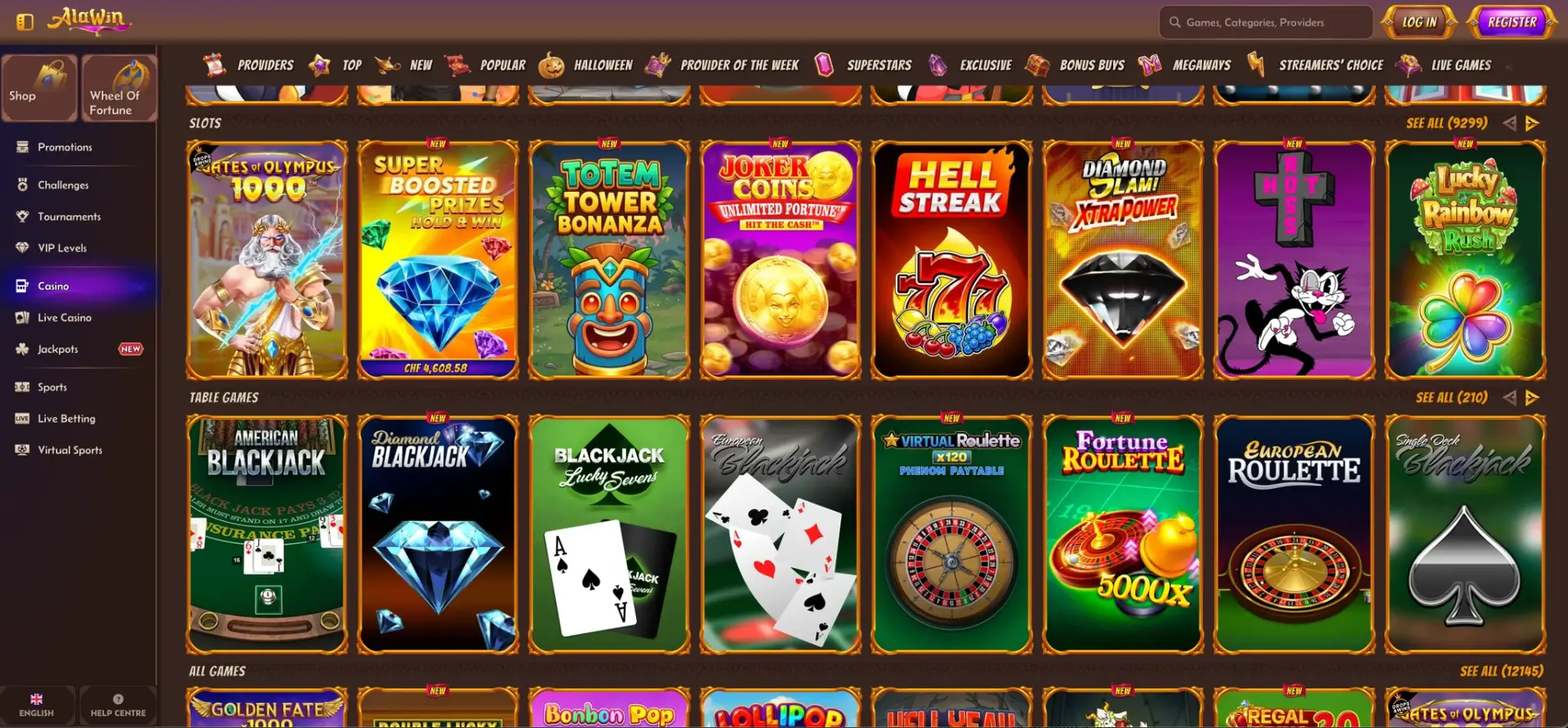 Alawin Casino-Lobby mit Spielen und Kategorien
